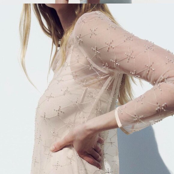 Zara Festive Knit Beaded Dress Limited Edition NWT Cava Beige Size Small - Picture 7 of 15